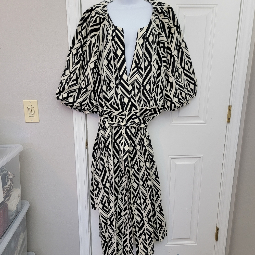 NWT Banana Republic Balloon Sleeve Midi Wrap Dress Black White Geometric XXL - Picture 2 of 10